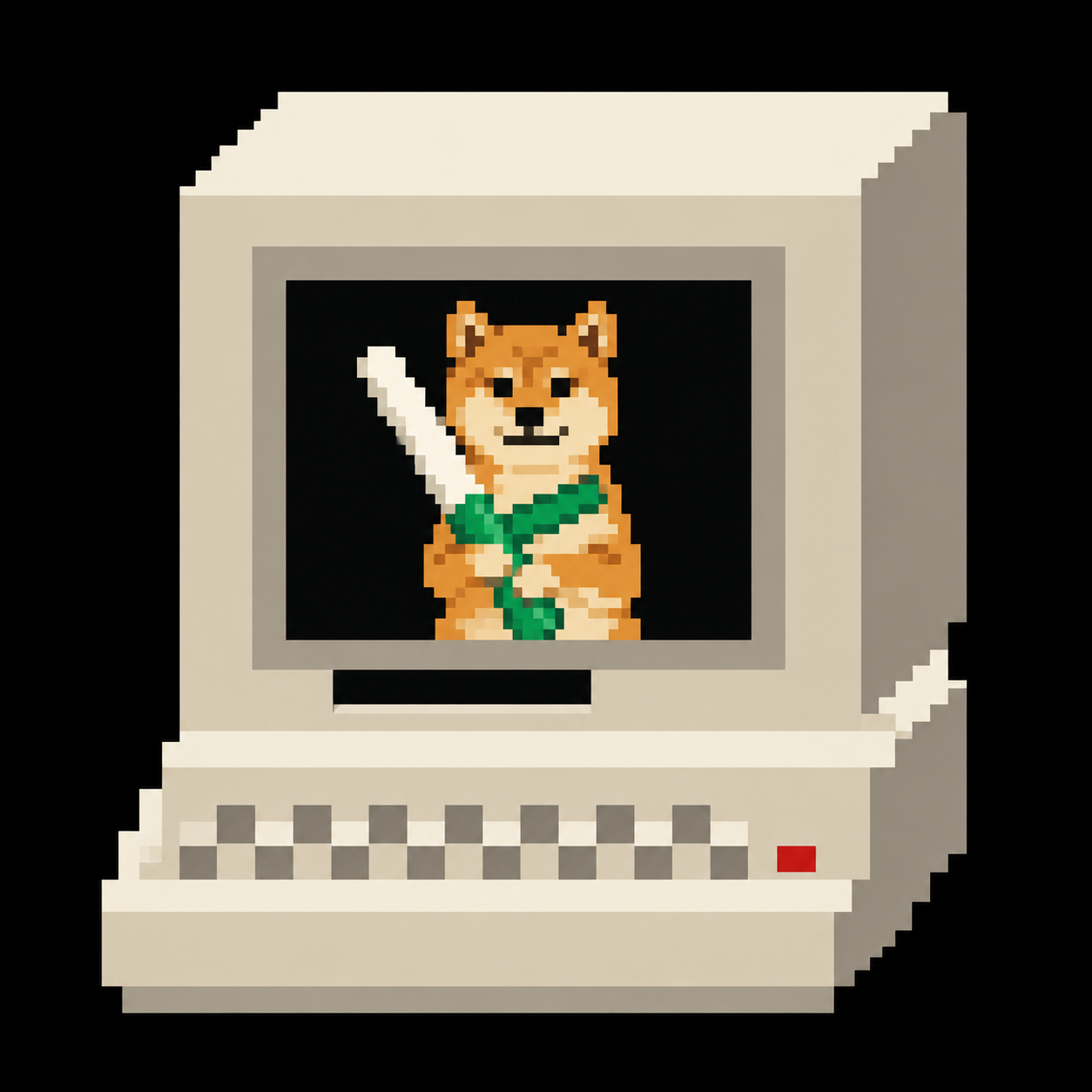 A beige pixel computer displaying Baton, an orange Shiba Inu holding a green and white baton.